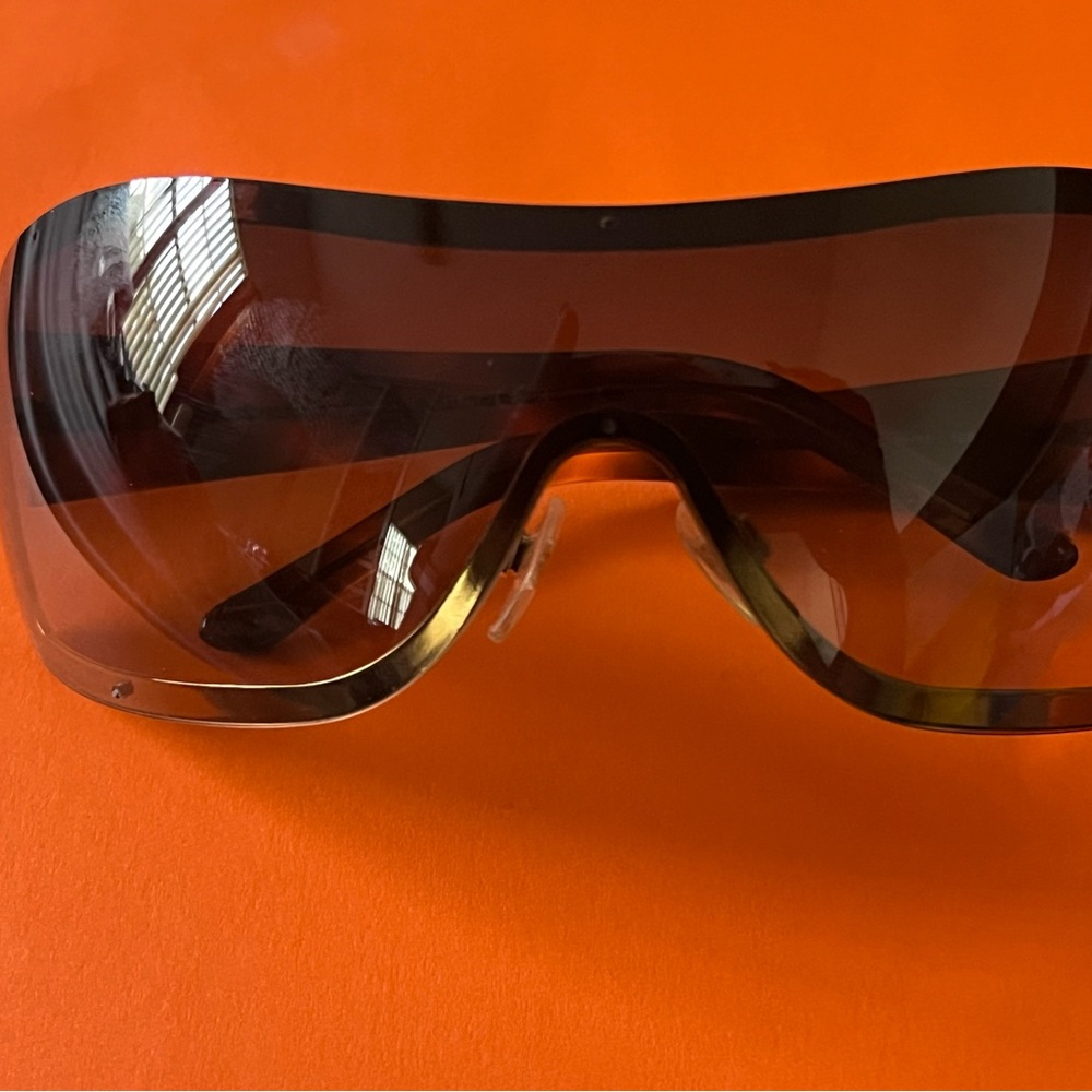 Authentic CHANEL Brown Gradient Shield Sunglasses with Gold Accents